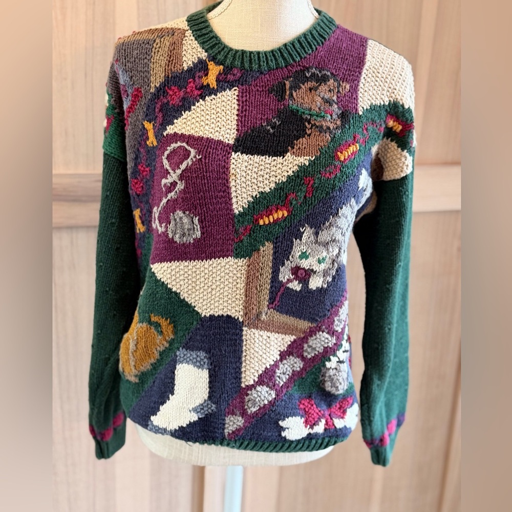 Vintage 90s Northern Isles Dog Sweater. Signatures Hand Knit Women’s Sz-M Green